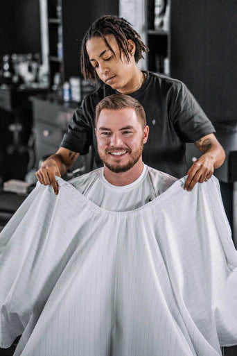BARBER STRONG - The Barber Cape - White w/Black Pinstripe